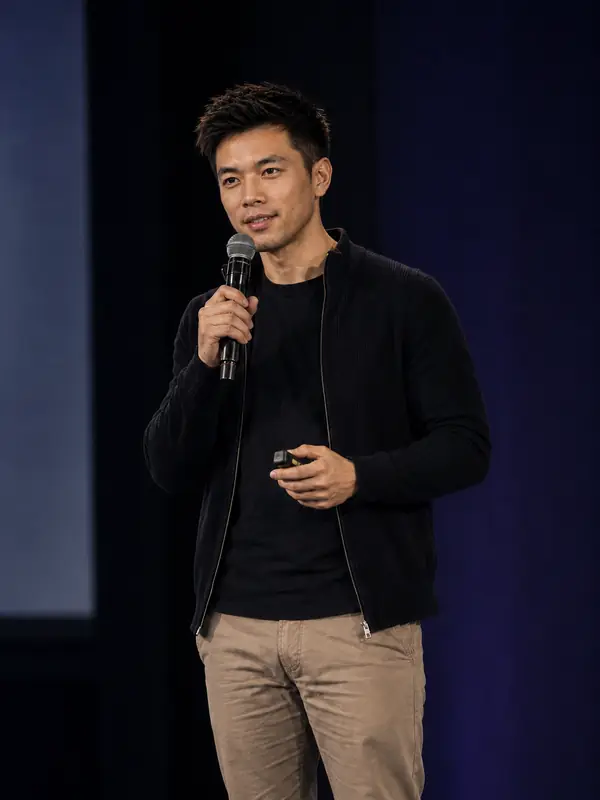 Andrew Yong speaking on stage at a conference, holding a microphone.